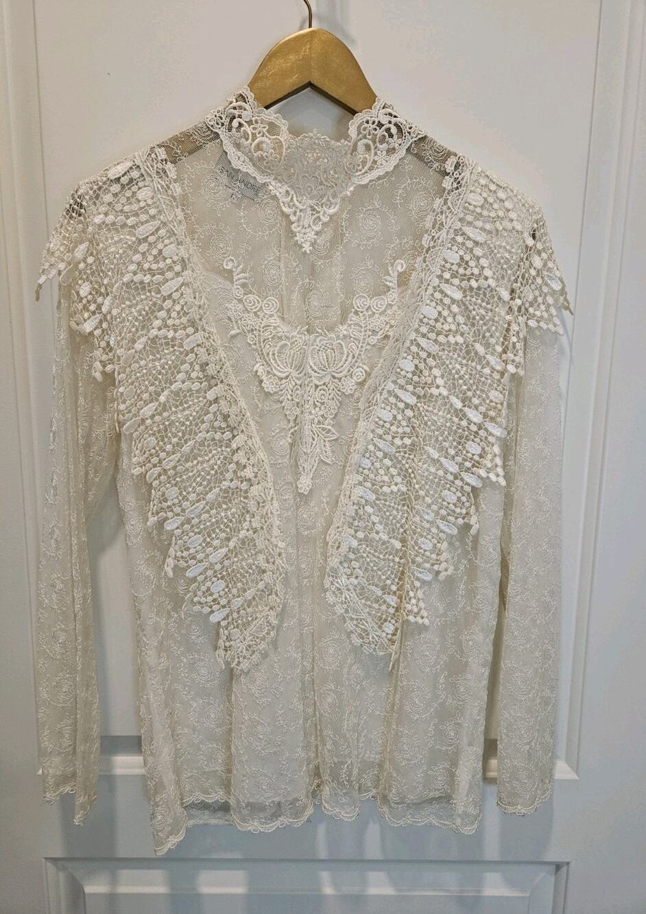 VTG Creamy San Andre Blouse High Neck Lace Ivory 90's Sz 8 Ruffled Victorian Top